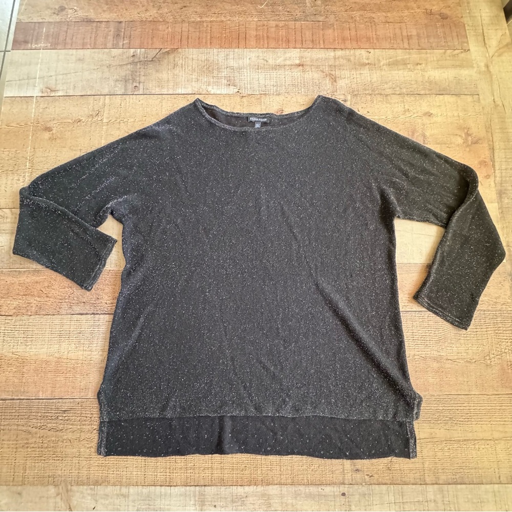 Eileen Fisher Black Gold Speckle Meshy Long Sleeve Crew Neck Top LARGE